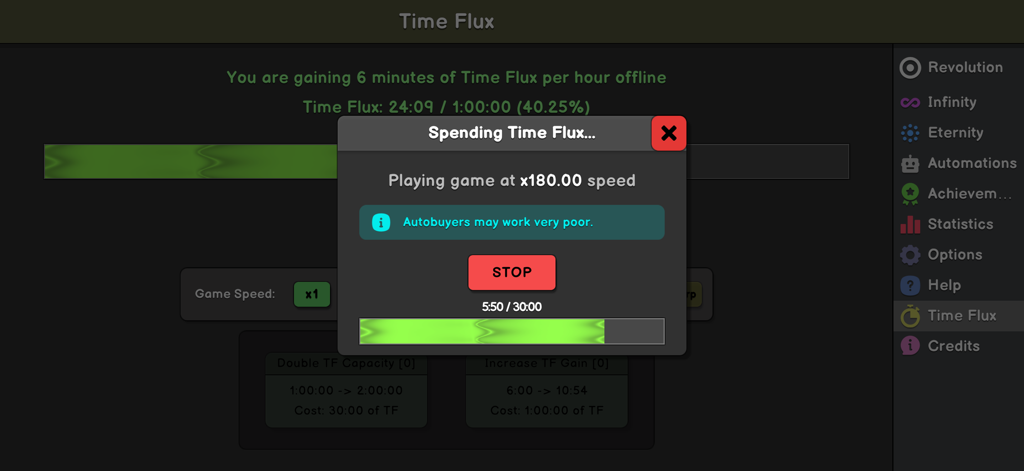 Revolution Idle - In game menu of Revolution Idle showing the Time Flux speed boost feature