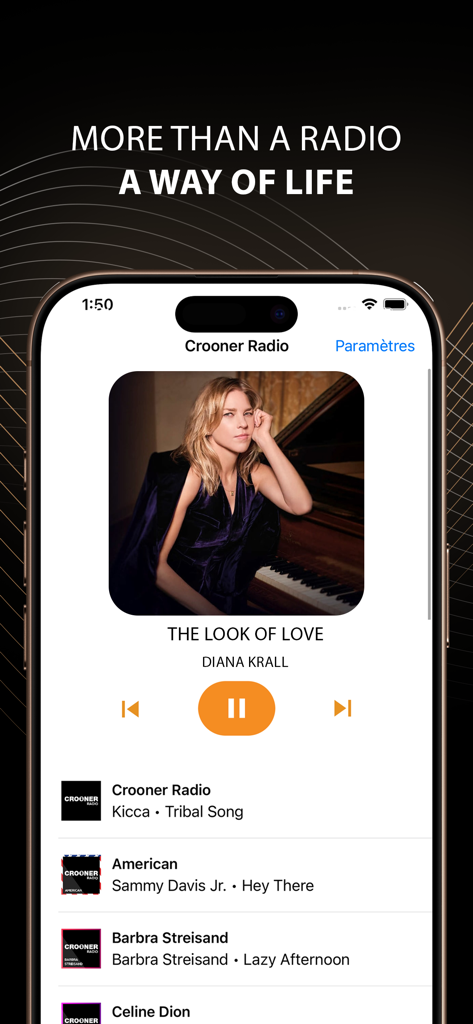 Interface do aplicativo Crooner Radio reproduzindo Diana Krall com uma lista de estações de música clássica de crooners