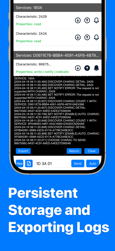 Bluetooth Debugger app screen showing real time device logs and data export options