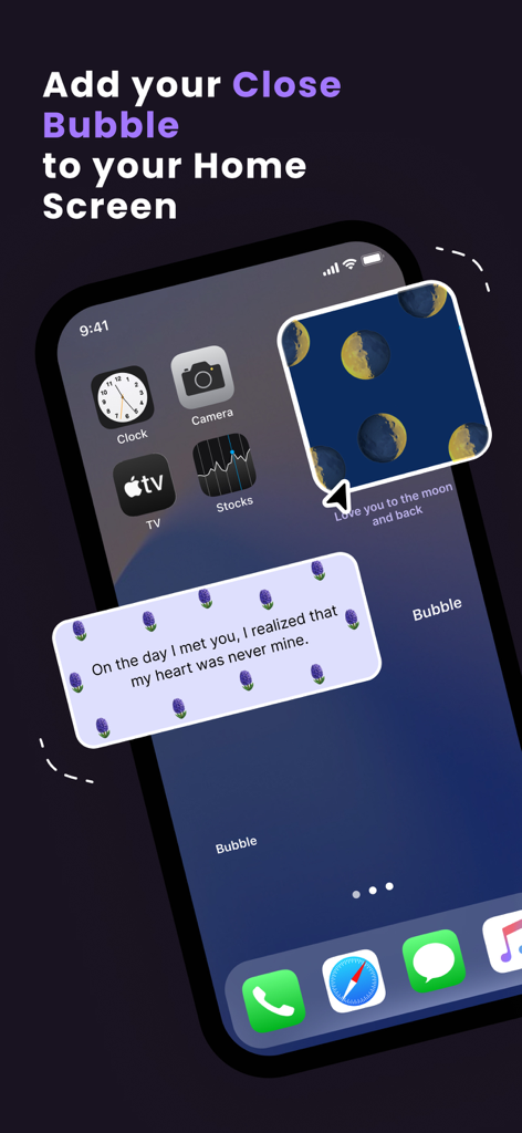 Bubbl Widget - Uma tela inicial de iPhone exibindo dois widgets Bubbl personalizados com notas e designs estéticos.
