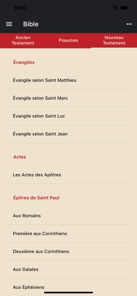 La lista de libros del Nuevo Testamento en la aplicación móvil Biblia católica AELF