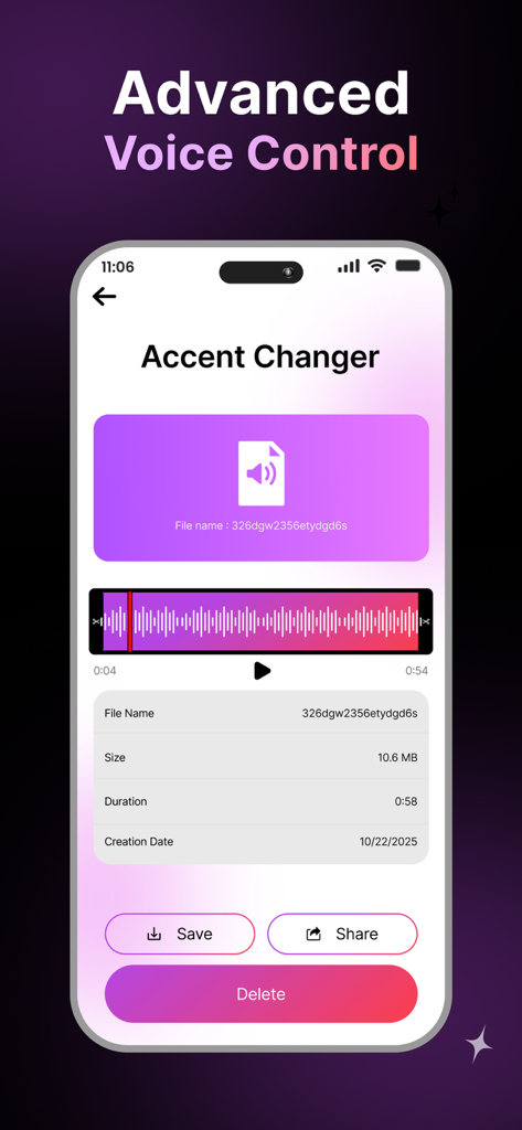 Murf AI app interface displaying the advanced voice control and accent changer feature with an audio waveform and file details.