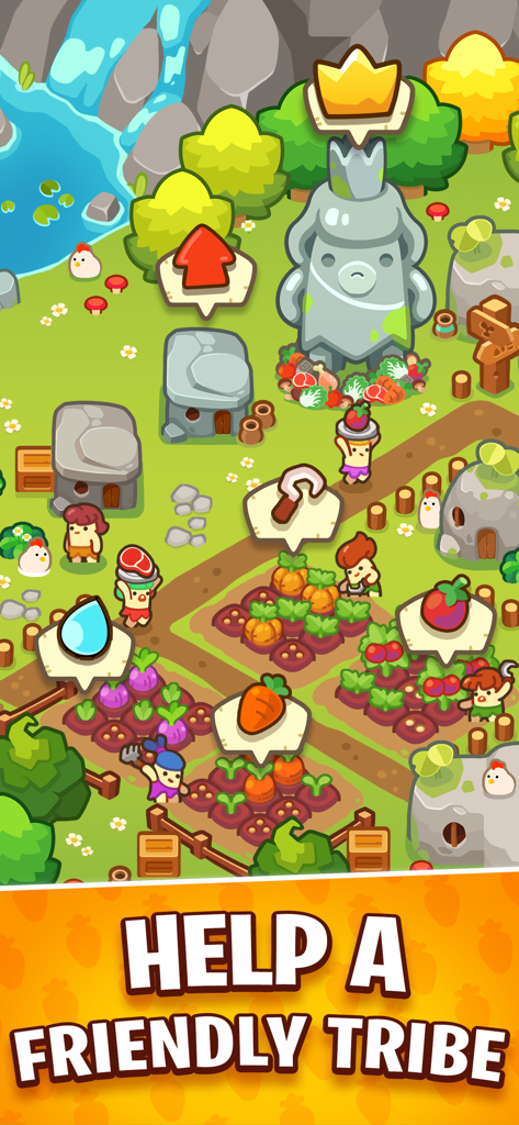 God of World - Niedliche Cartoon-Höhlenmenschen, die Gemüse in einer Steinzeitdorfsimulation anbauen