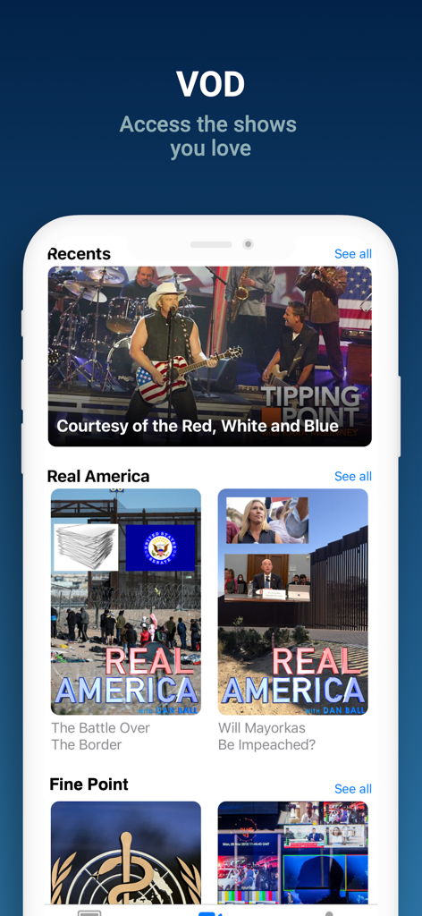 Interface of the OAN Live app showing its Video on Demand catalog with various conservative news programs