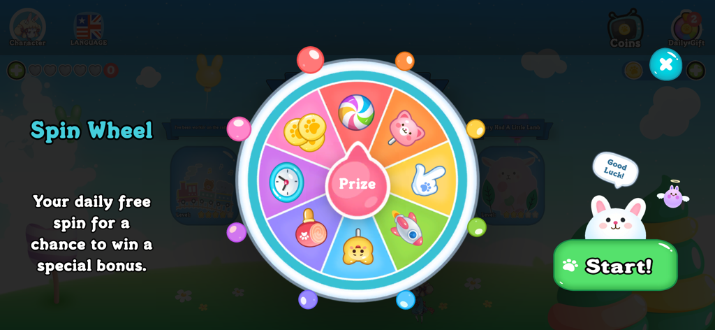 A colorful daily spin wheel in the PianoTouch app for winning special bonuses