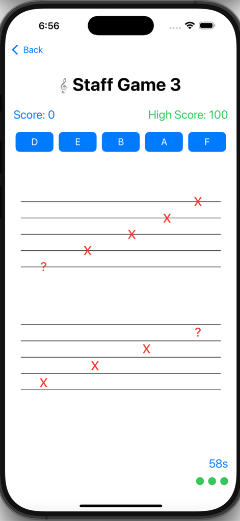 Piano Play - the easy way - Interface educacional de um jogo de aprendizado de pauta musical para crianças no aplicativo Piano Play.