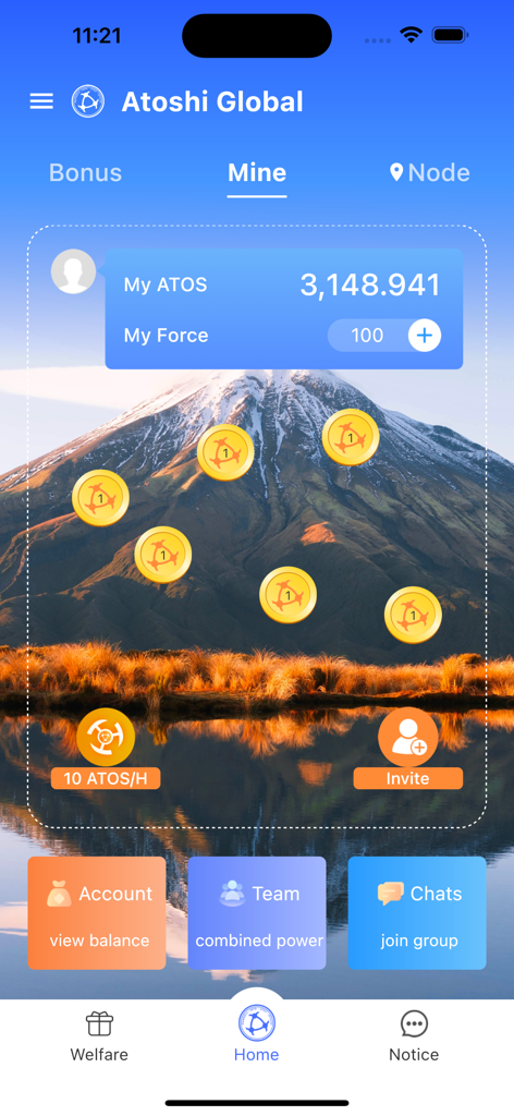 ATOSHI:Crypto Mining & Rewards - The mining dashboard of the Atoshi crypto app showing a user balance of ATOS points and floating gold reward coins over a mountain landscape.