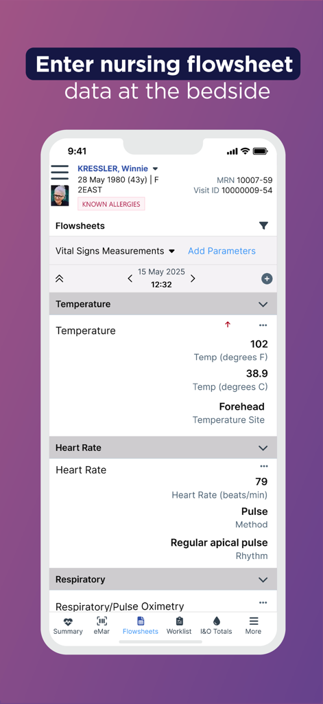 Sunrise Mobile app nursing flowsheet interface showing vital signs like temperature and heart rate for bedside documentation.