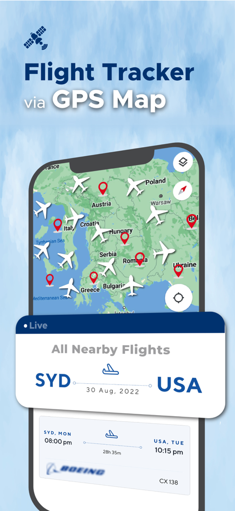 Flight Tracker® Live Plane Map - Interfaz de la aplicación móvil de Flight Tracker que muestra un mapa GPS en vivo con iconos de aeronaves y estado de vuelo en tiempo real para un viaje de Sídney a EE. UU.