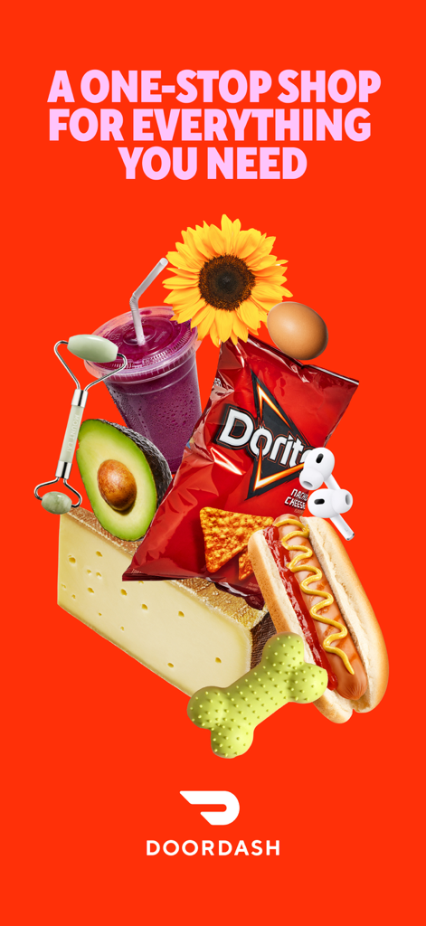 DoorDash marketing graphic showing a variety of items including food, electronics, and pet supplies on a red background.