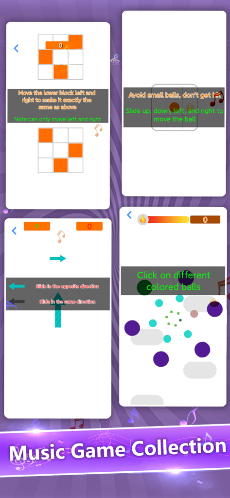 A collection of various rhythm and reflex game modes within the Black Tiles mobile app.