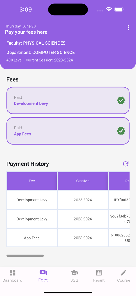 UNIZIK Portal - UNIZIK Portal app fees payment screen showing paid status for development levy and app fees with payment history