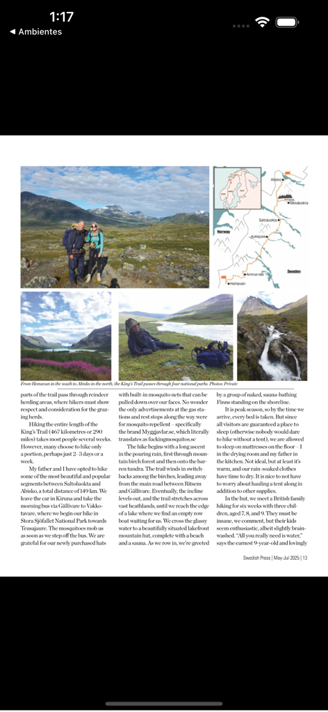 Swedish Press - A magazine page from the Swedish Press app featuring an article about hiking the Kings Trail with scenic landscape photos and a route map