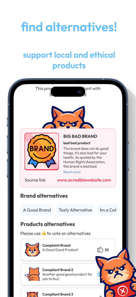 Boycat: Ethical Shopping - Tela do aplicativo Boycat mostrando alternativas de marcas éticas e votação comunitária para compras conscientes.
