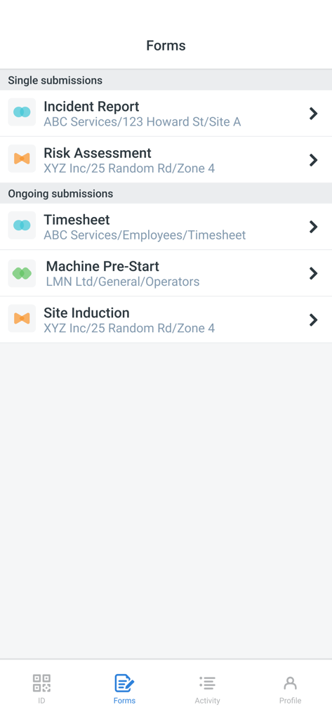Sitemate - A list of digital construction and industrial forms in the Sitemate app interface
