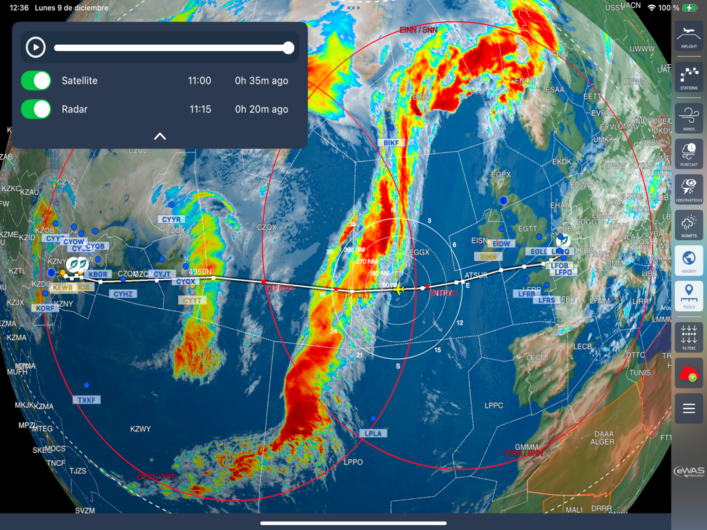 A global aviation weather map on SITA eWAS displaying satellite and radar overlays