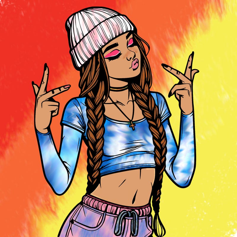 realistic teenage girl with braids and a beanie and crop top doing 🫶🏼