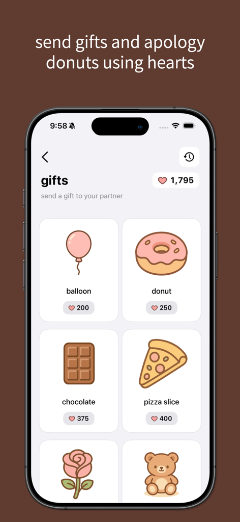 lovelee couples: love note app - Interface do aplicativo Lovelee mostrando vários presentes virtuais como um balão, donut e chocolate que podem ser enviados para um parceiro.