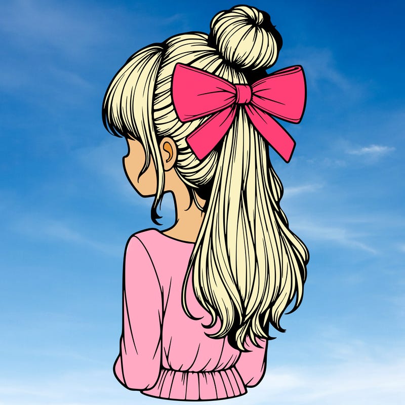 realistic girl  with hip length hair a bun and a big bow on the back of head