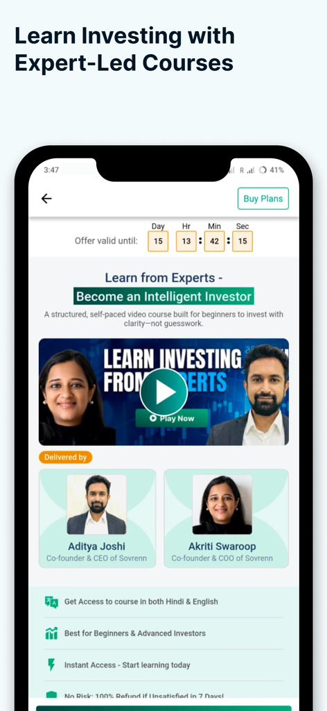 Sovrenn - Pantalla de la aplicación Sovrenn con cursos de inversión dirigidos por expertos para aprender los fundamentos del mercado de valores
