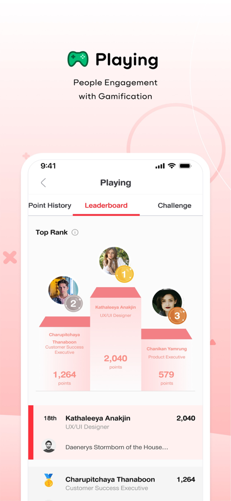 Conicle Space - A leaderboard screen in the Conicle Space app showing top ranked employees and their points as part of a gamified learning experience.
