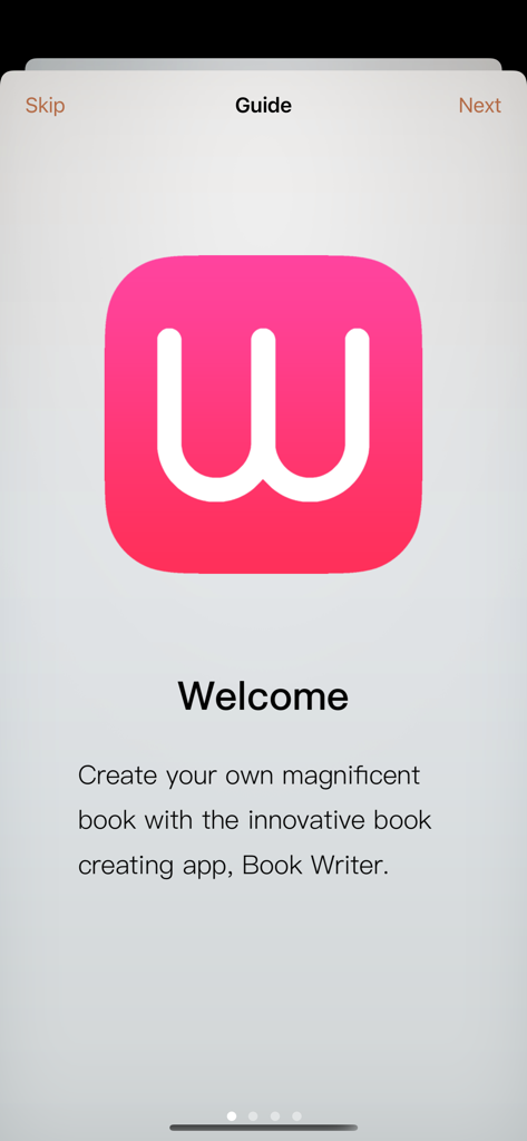 Book Writer One - Pantalla de bienvenida de la aplicación Book Writer One con un logo rosa y blanco y un saludo introductorio