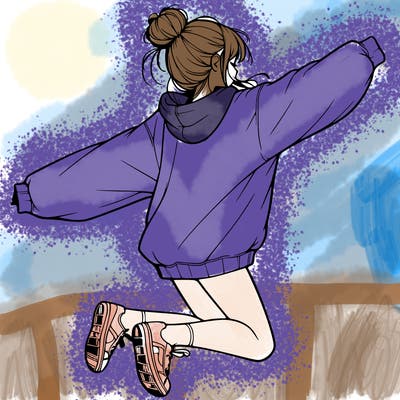 realistic girl jumping with a bun and oversized sweatshirt
