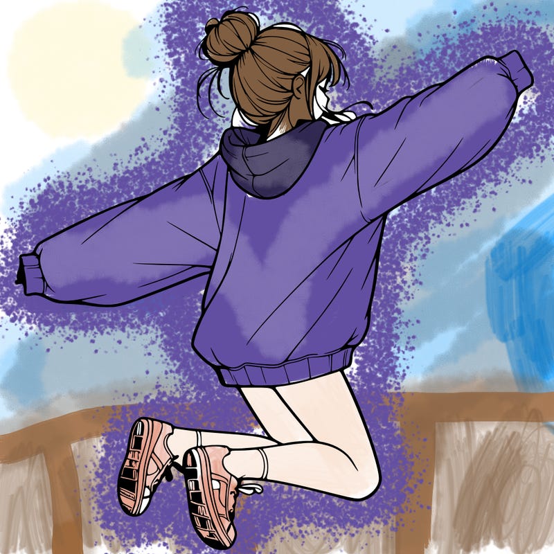 realistic girl jumping with a bun and oversized sweatshirt