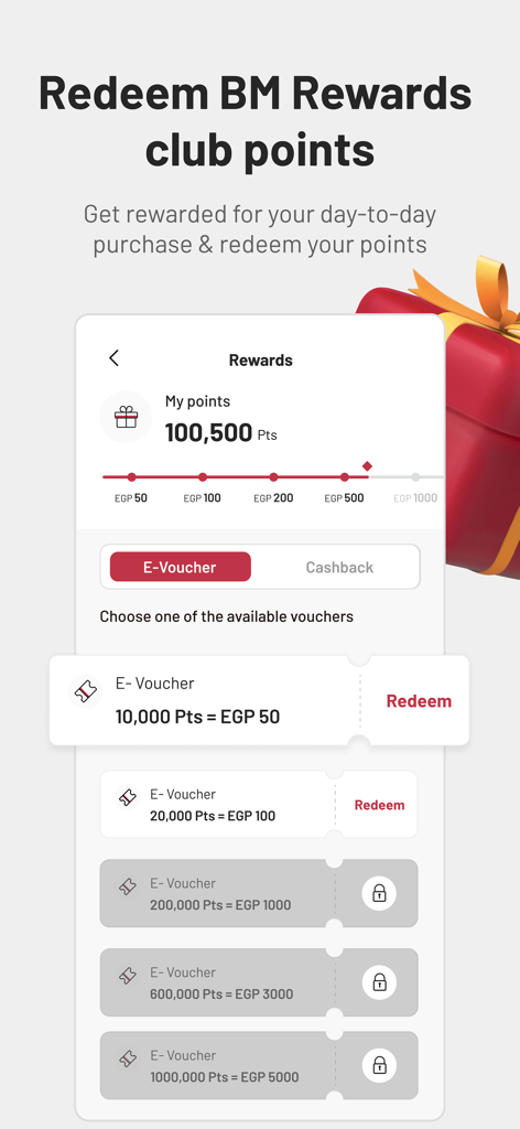 BM Online - Oberfläche der BM Online App mit Prämienpunkten und E-Voucher-Einlöseoptionen.