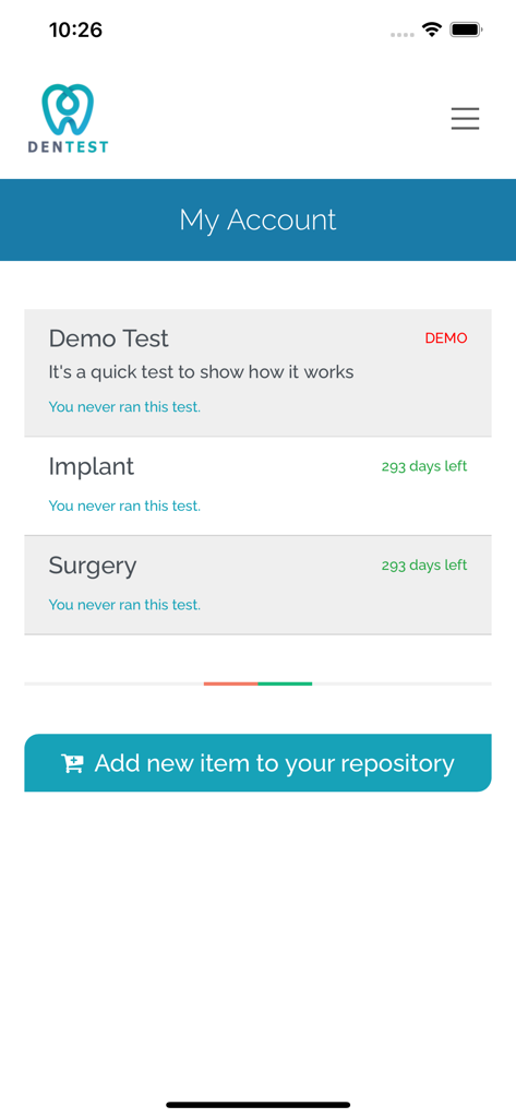 DenTest Dentistry Exam - DenTest dentistry exam app interface showing a list of available practice tests in the account dashboard
