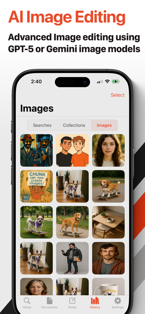 Chunk: AI Research Assistant - Smartphone screen showing the Chunk app gallery of AI-generated images with a headline about advanced image editing using GPT and Gemini models.