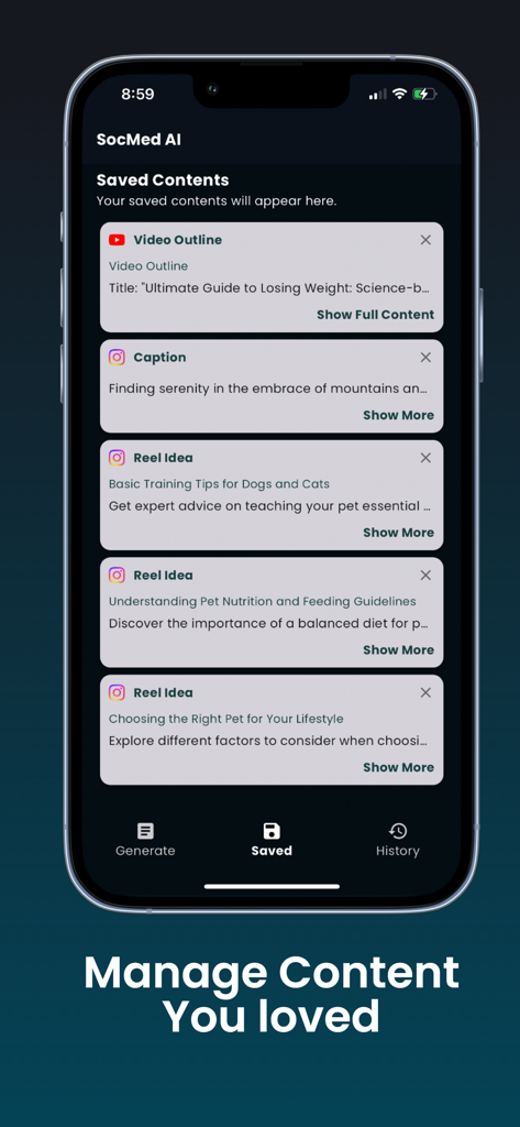 Interfaz de la aplicación Viral AI Content Creator que muestra una lista de publicaciones guardadas en redes sociales y guiones de video.