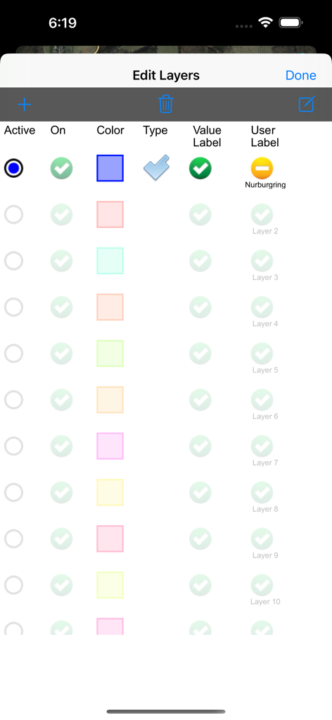 Interface for managing multiple map layers and measurement data in the Land Measure Pro app