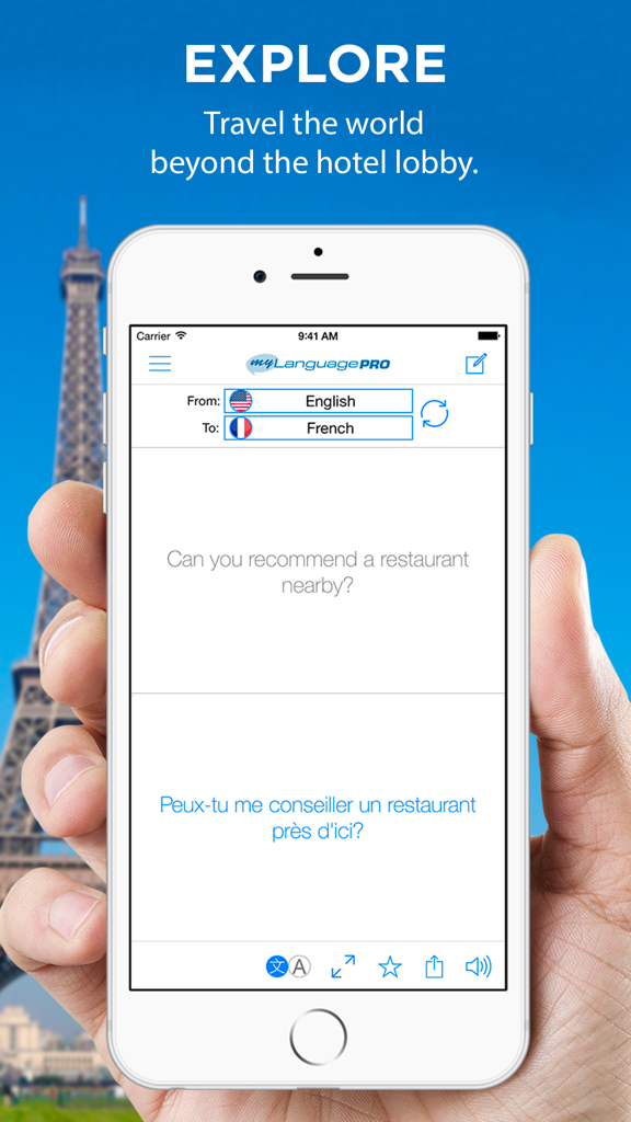 Translate Voice - Language Translator & Dictionary - iPhone showing English to French translation with Eiffel Tower background