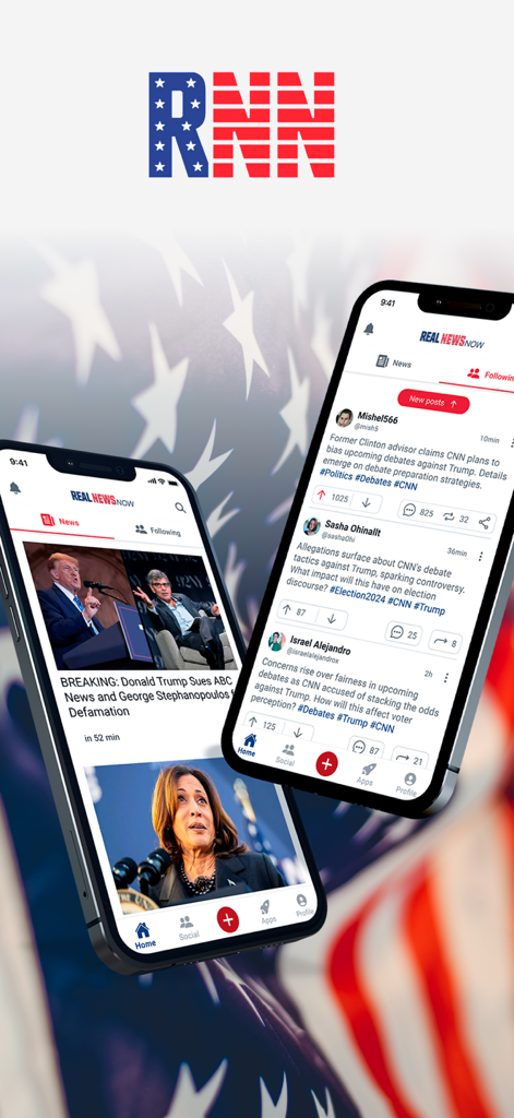 Real News Now Republican News - Two iPhone screens displaying conservative news headlines and a social discussion feed within the Real News Now app.