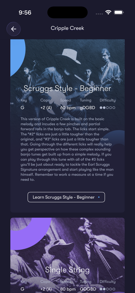 Tunefox - Tunefox app screen showing different bluegrass playing styles for the song Cripple Creek including Scruggs style and single string