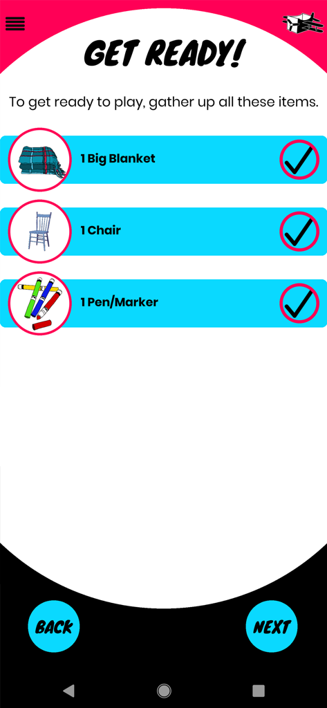 AUDIOPLAY - Preparation screen in the Audioplay app listing household items like a blanket and chair to gather for an immersive story