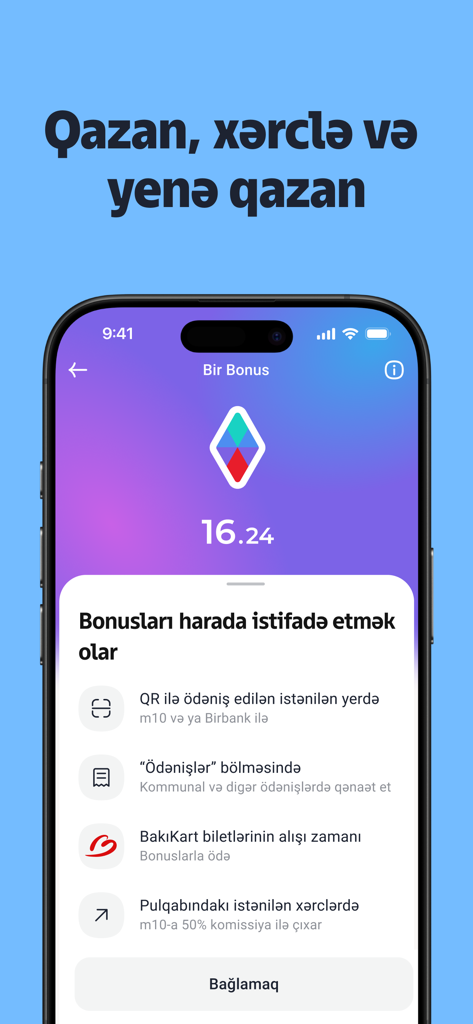 m10 — Digital Wallet - Smartphone displaying the Bir Bonus rewards screen in the m10 app showing points balance and spending options