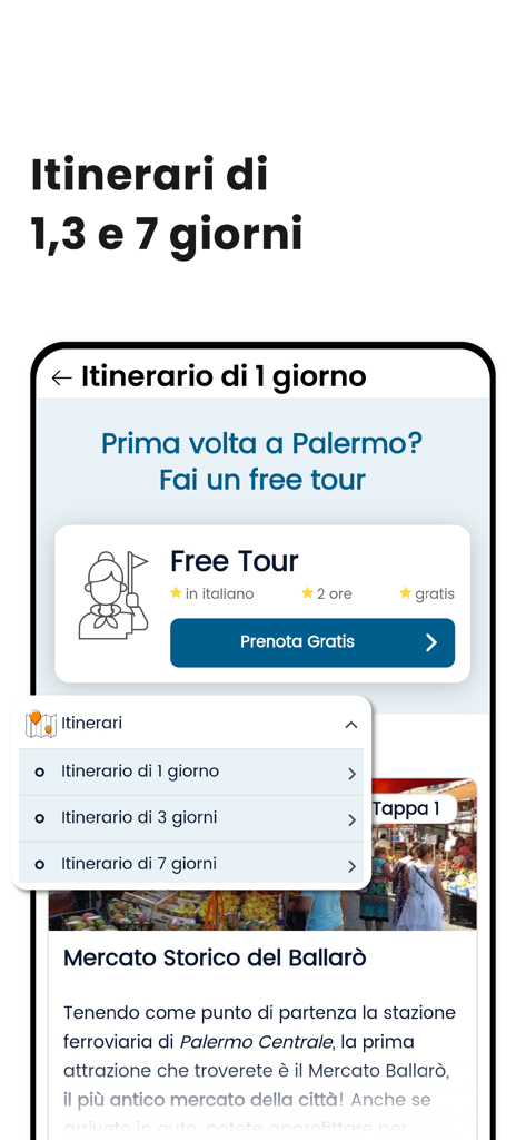 Travel365 - Guide di Viaggio - Travel365 app interface showing travel itineraries for 1 3 and 7 days with a focus on Palermo