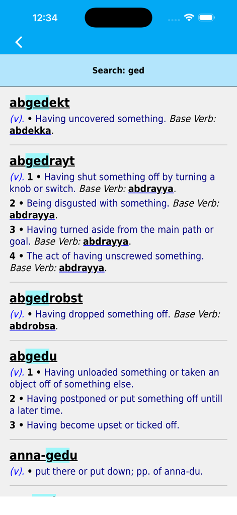 PA-German Dictionary - Résultats de recherche pour le mot partiel ged dans le dictionnaire Pennsylvanie German, montrant des définitions et des verbes de base.