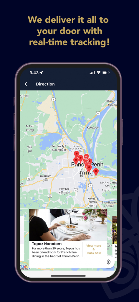 Thalias - Map interface of the Thalias app showing restaurant locations and fine dining options in the city.