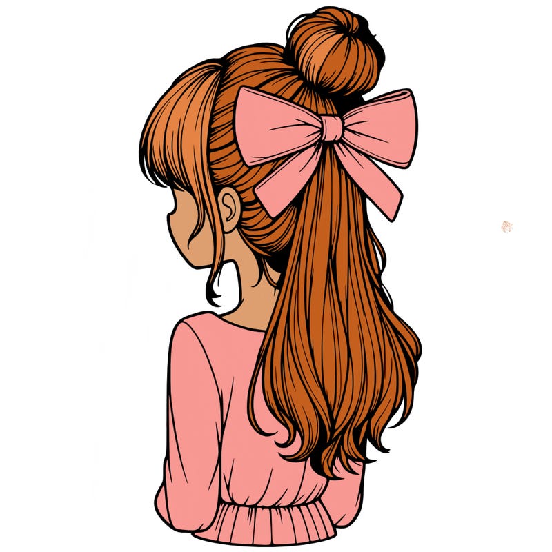 realistic girl  with hip length hair a bun and a big bow on the back of head