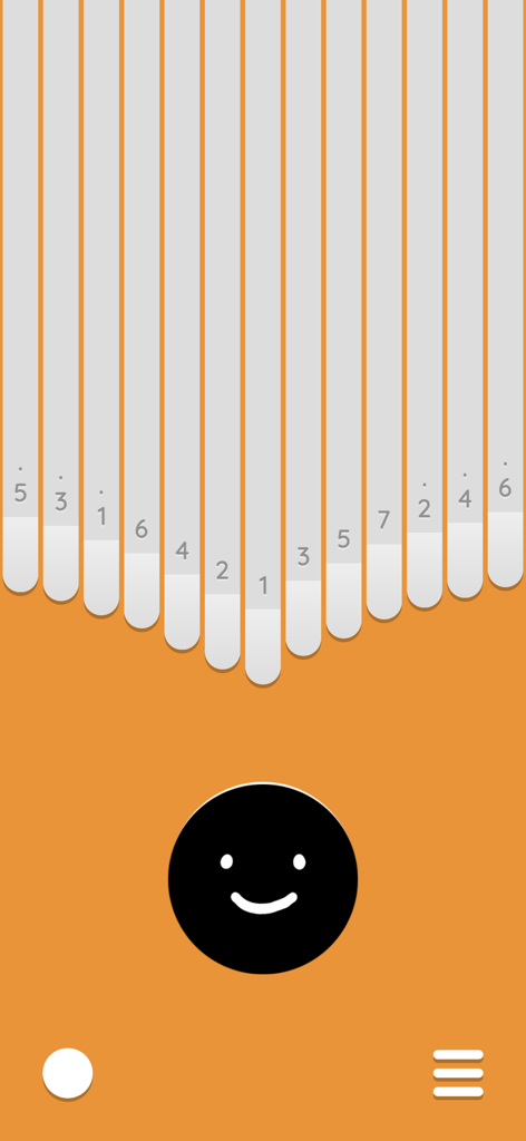 Digital kalimba instrument interface with numbered keys and a smiley face icon on an orange background