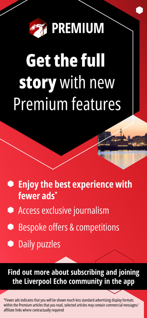 Promotional screen for Liverpool Echo Premium showing benefits like exclusive journalism, fewer ads, and daily puzzles.