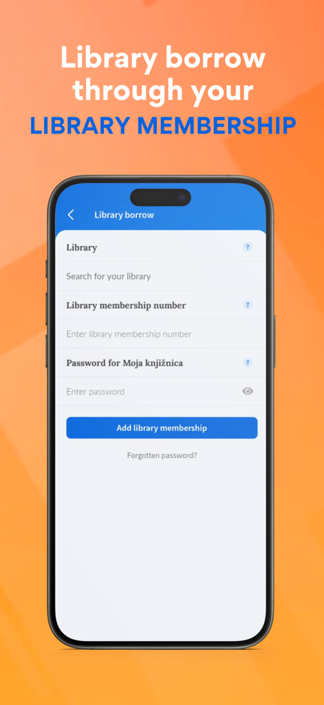 Screenshot of the Audibook app interface for adding a library membership to borrow audiobooks.