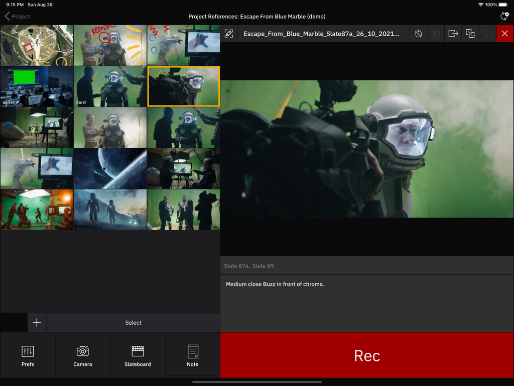 Setellite - Setellite app interface showing VFX data references and green screen shot on iPad