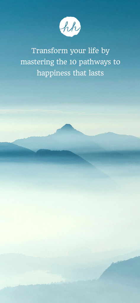 The Happy Habit - A serene misty mountain landscape featuring text about mastering 10 pathways to happiness from the Happy Habit app.