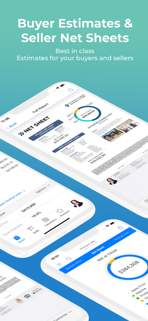 Interface of PalmAgent ONE app showing professional buyer estimates and seller net sheets for real estate agents