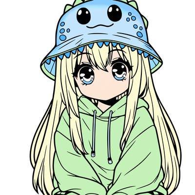 girl with anime shaped eyes with a dinosaur bucket hat oversized sweatshirt long straight hair