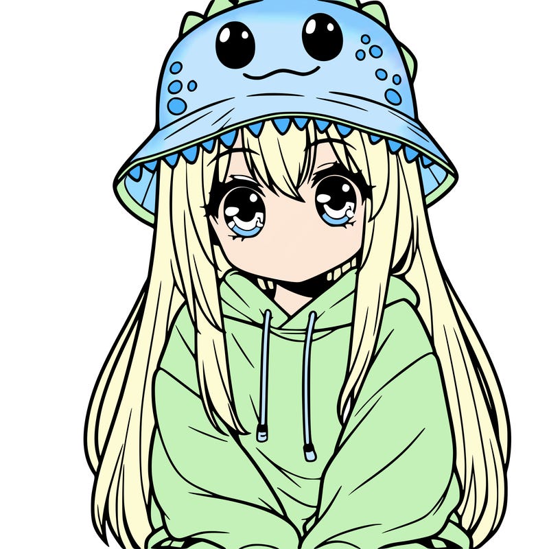 girl with anime shaped eyes with a dinosaur bucket hat oversized sweatshirt long straight hair